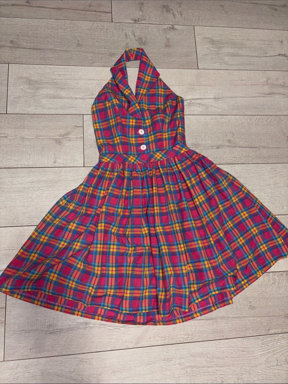 Hearts and found plaid Retro 50’s Pinup pink with white yellow  Halter Dress M